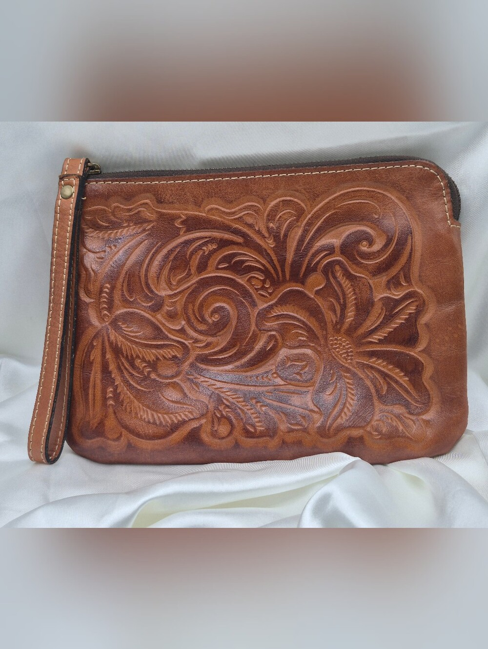 Patricia Nash Hand-Tooled Floral Leather Wristlet Clutch - Brown 9" X 6.5"